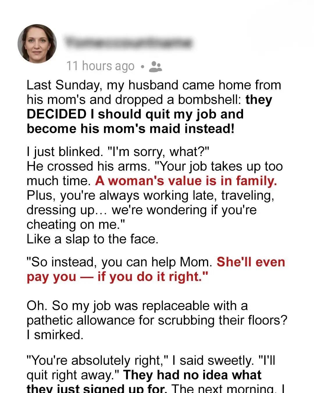 My Husband and His Mother Decided I Should Quit My Job and Become Her Maid