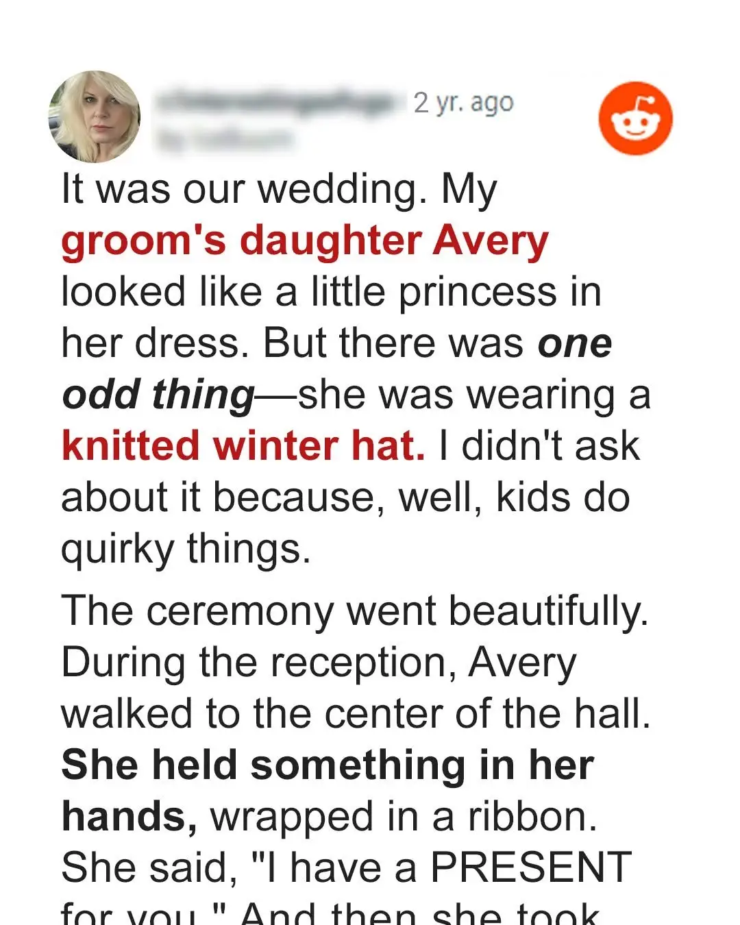 My Fiancé’s Daughter Wore a Weird Knitted Hat to Our Wedding and I Cried When She Took It Off